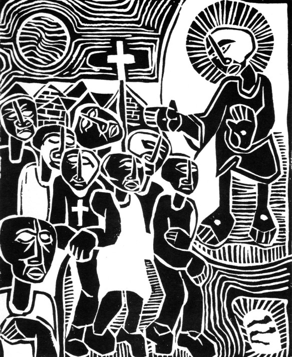 Nathaniel Mokgosi (South African, 1946–), “Come, ye blessed . . . ,” 1980. This linocut is one of ten in a series on the Beatitudes. Source: Christliche Kunst in Afrika, p. 274. https://artandtheology.org/2019/02/12/blessed-are-artful-devotion/